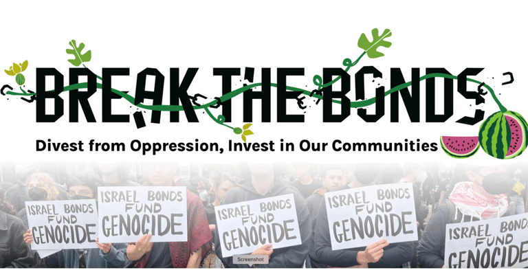 A banner for the Break the Bonds campaign interwoven with watermelon vines wit protesters underneath