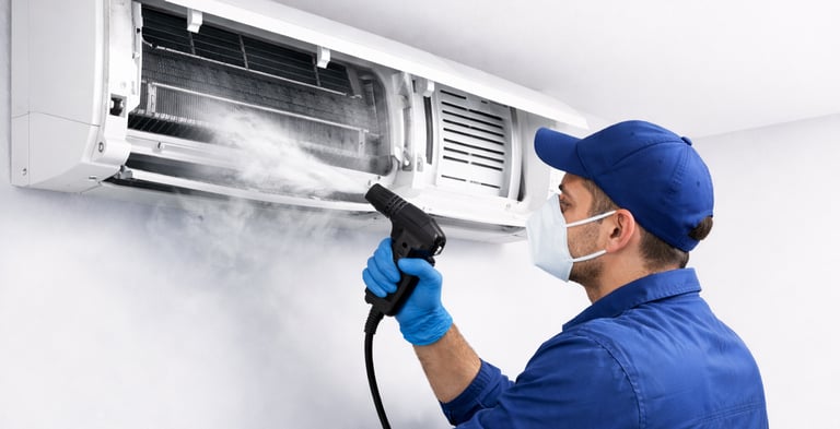 Nettoyage en profondeur d'une climatisation par technicien qualifié avec pulvérisation professionnel