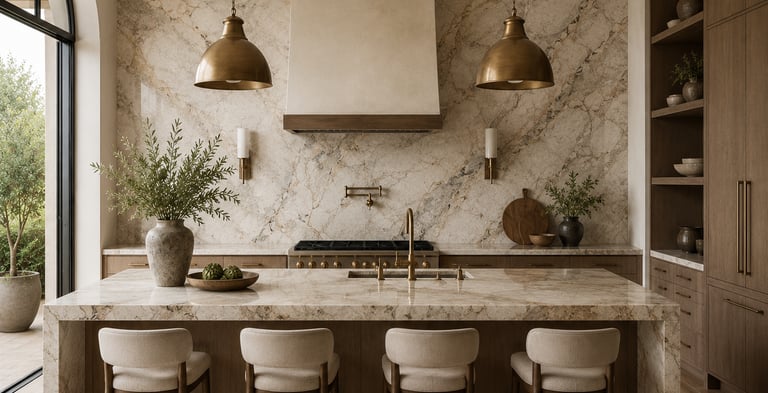 Modern luxury kitchen with a marble waterfall island, brass pendant lights, and elegant stone backsplash.