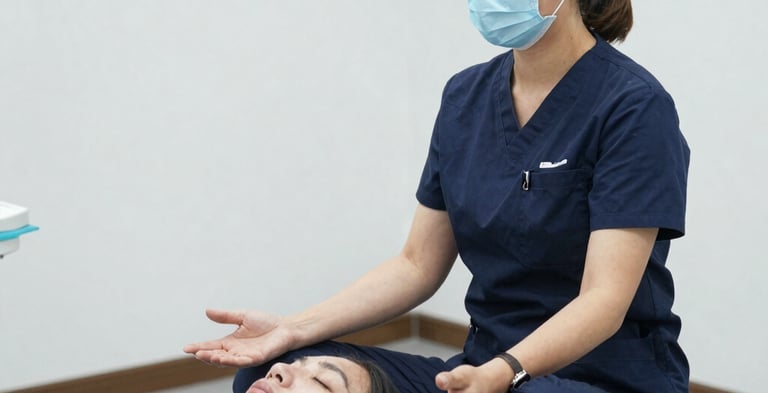 A smiling woman gently massaging her cheeks during a face yoga session.