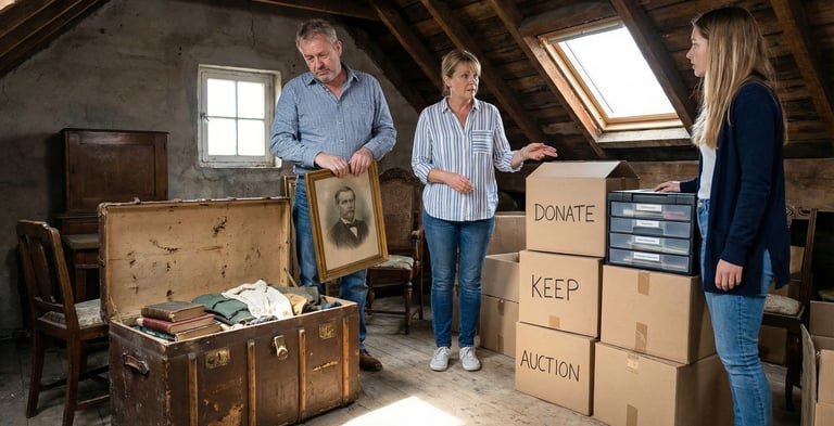 "Family sorting through an inherited attic, deciding what to keep before selling the house as-is."