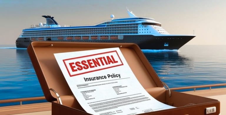 Mala de viagem em destaque com apólice de seguro visível, e navio de cruzeiro ao fundo 