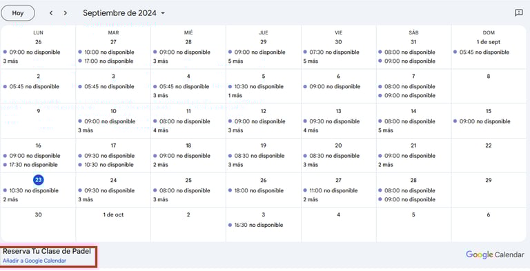 Calendario clases de padel 
