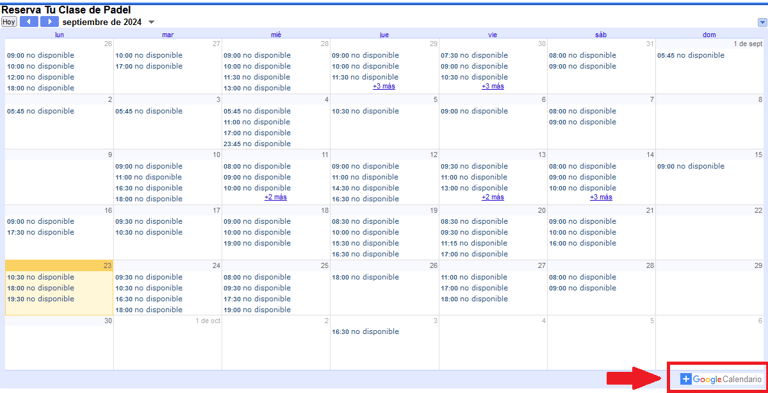 calendario clases de padel 