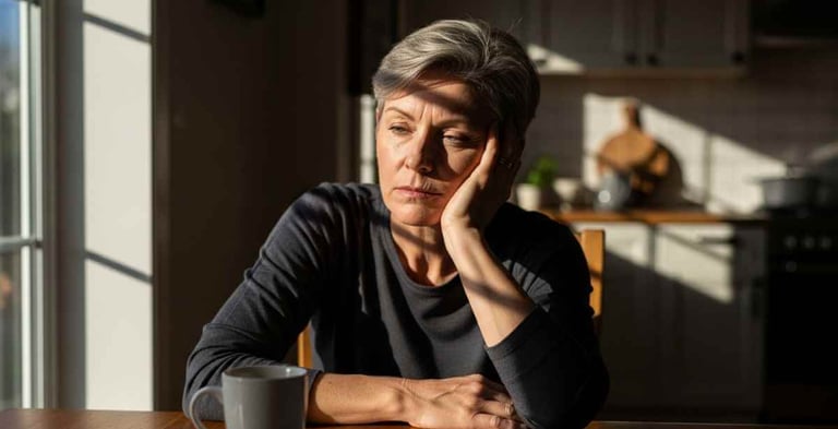 Pessoa madura sentada à mesa pela manhã, apoiando o rosto na mão, aparência cansada, luz natural entrando pela janela.