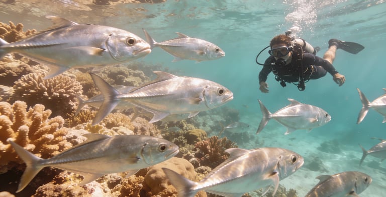 Scuba diver near Sipadan reef as a swirling barracuda tornado forms overhead and sea turtles glide below.