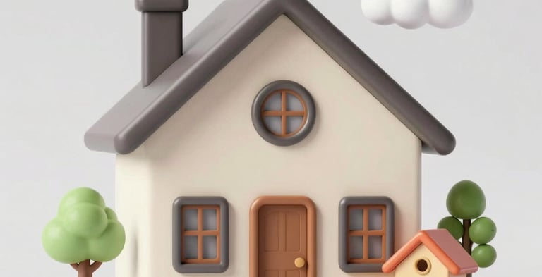 A happy family standing outside their new cozy home on a sunny day.