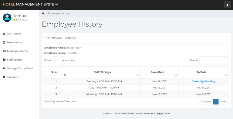 Hotel Management System - View Employee History Page