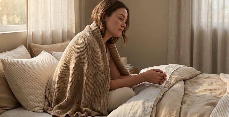 a woman in a blanket on a bed