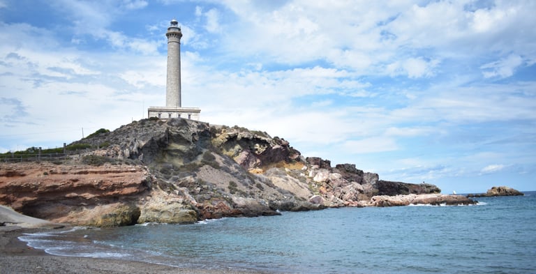 View of the Cabo de Palos lighthouse from Calafría beach.