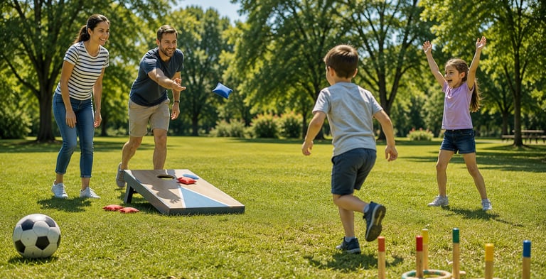 A family enjoying an outdoor game of corn hole.