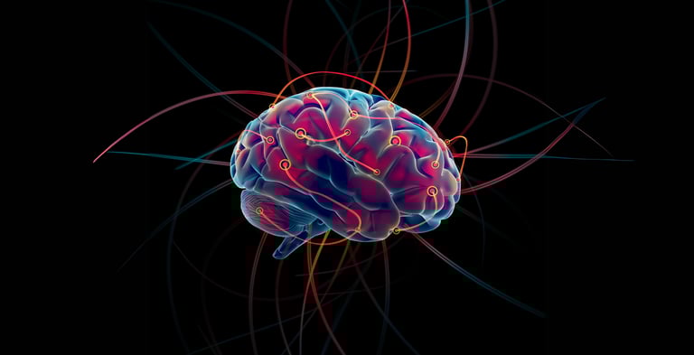 Illustration of a brain and nerve endings in neon.