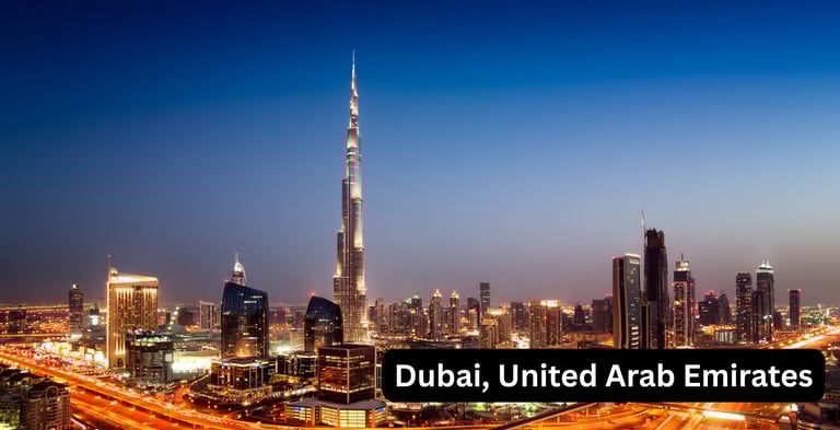 A dramatic long-exposure photograph of the modern Dubai skyline at twilight, United Arab Emirates. T