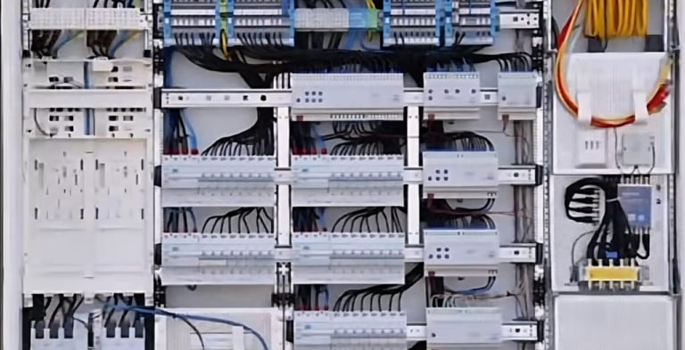 Moderner Elektroverteiler mit sauber verlegten Leitungen, Sicherungsautomaten und Netzwerkkomponente