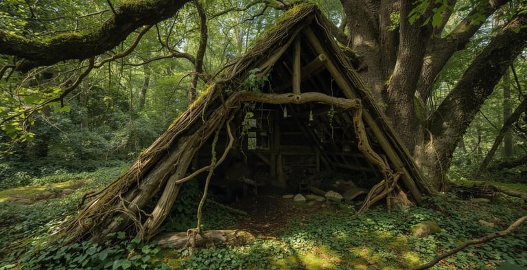 a lean-to shelter in the woods