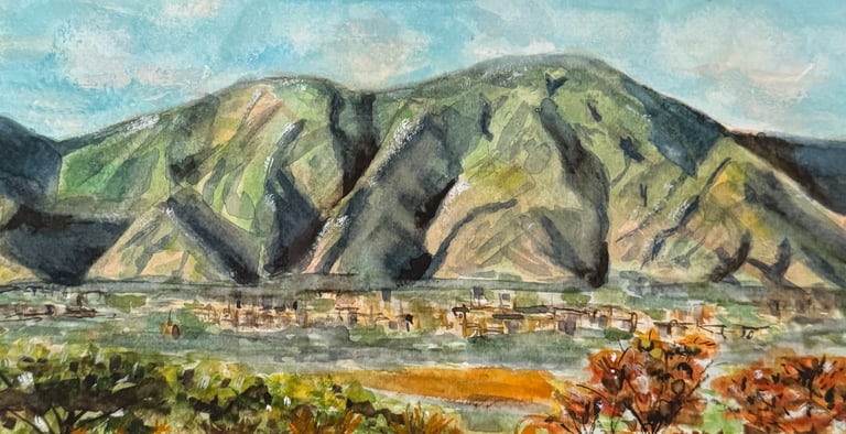 a painting of a mountain scene with a plane flying over a mountain