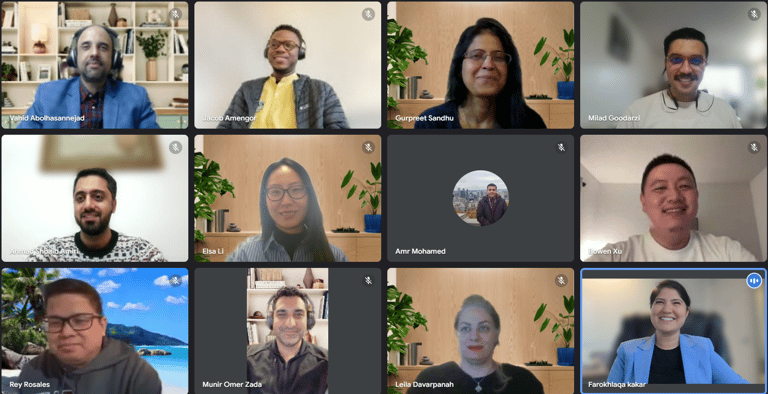 Screenshot of a Zoom call with 10 coaches in a grid view, each smiling and engaged in conversation