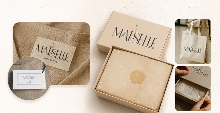 Maiselle packaging with custom box, tissue, and labels by UrBrand Studio.