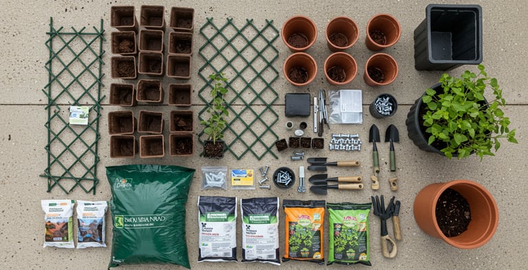 Vertical garden setup materials and tools layout