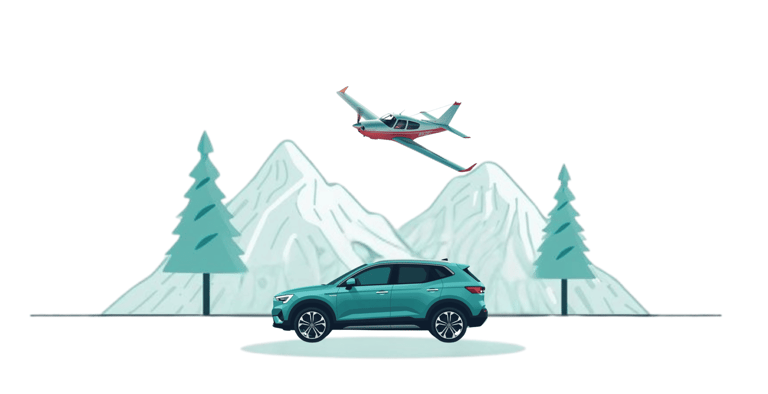 llustration of a teal car and small airplane with mountain and tree background, representing optiona