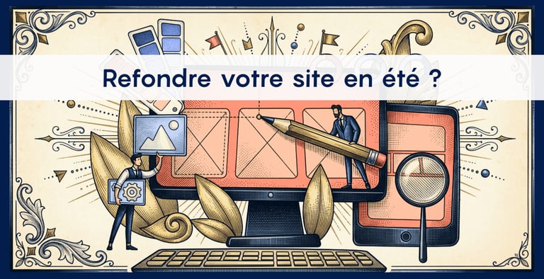 Image représentant un ordinateur et un écran de tablette avec un texte "refonte votre site en été ?"