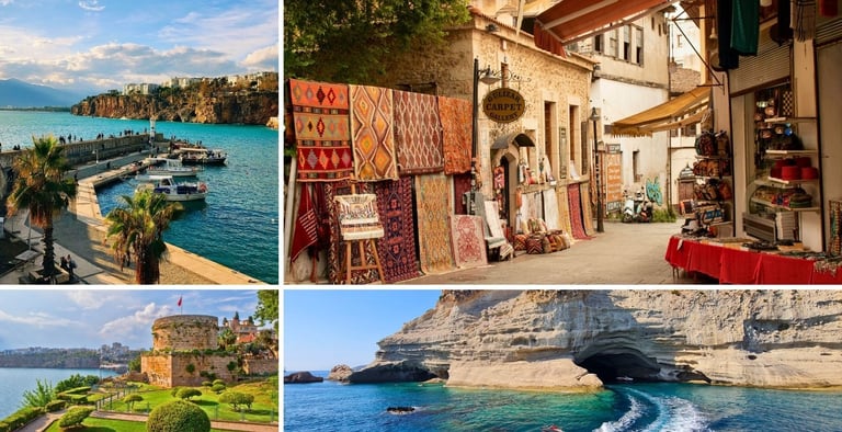 Colagem de fotos mostrando os principais pontos turísticos de Antália, incluindo ruas, praças, mercados e monumentos históric