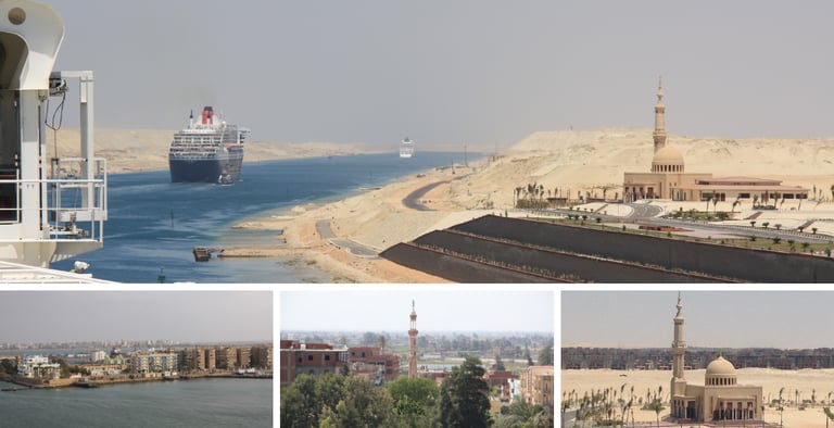 Vista de navio de cruzeiro cruzando a paisagem com mesquita no Canal de Suez