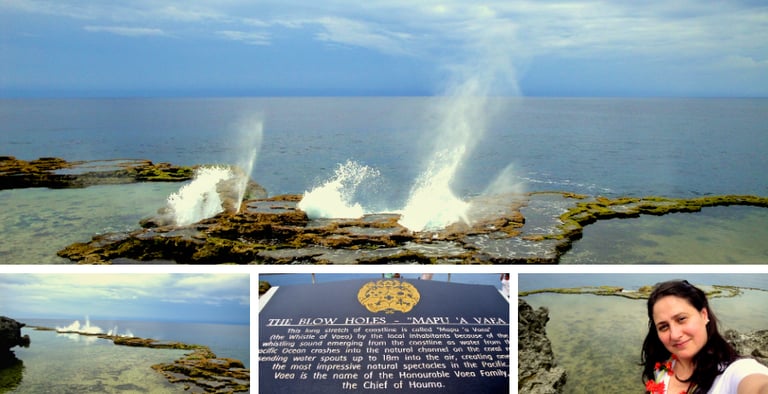 Vista dos jatos d’água do blowhole em Mapu’a Vaka, Tonga, visitado pela autora durante escala de cruzeiro