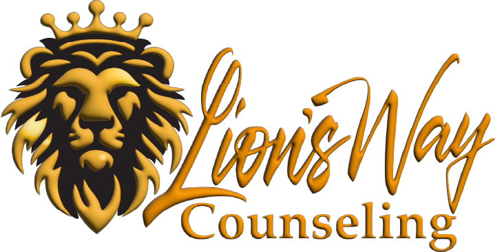 Logo, a Lion's face with text that reads Lion's Way Counseling