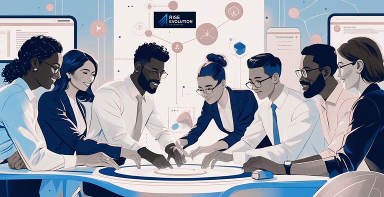 Illustration of Rise Evolution team collaborating on software development and compliance solutions