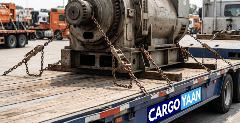 A close-up of a massive piece of industrial equipment professionally secured with heavy-duty chains.