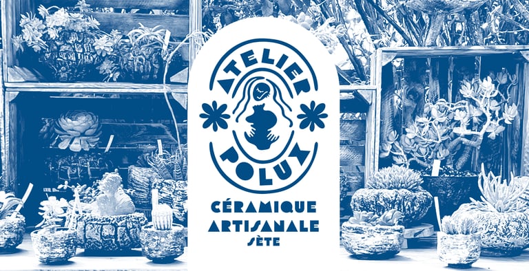 A display of ceramic kusamono and caudex pots with Atelier Polux logo in the middle