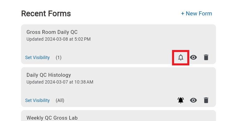 Quality control form tab with a square around the bell that signifies notifications