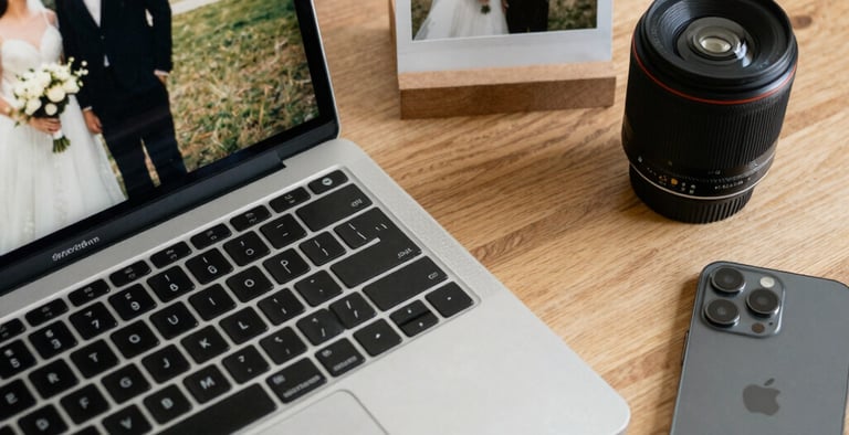 Photographer editing photos on a MacBook Pro with a digital tablet in a modern studio setting.