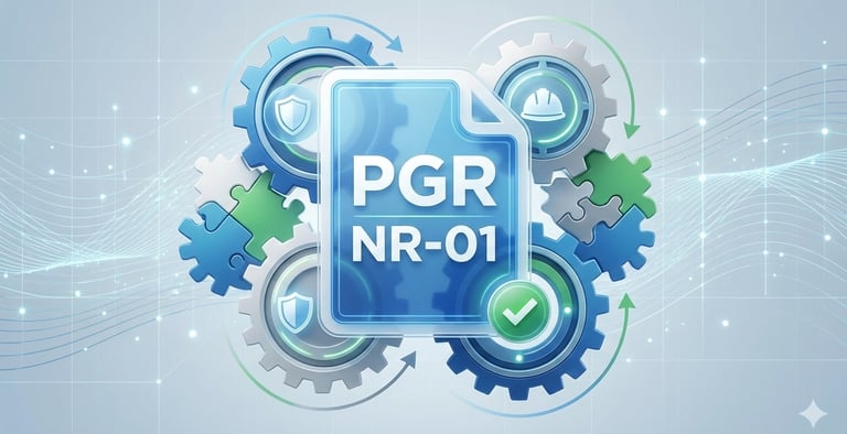 Gestão de Riscos Ocupacionais (GRO) e PGR na NR-01. Imagem 3D com documento 'PGR' e 'NR-01',