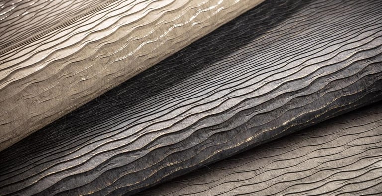 Textured luxury wallpaper samples with elegant metallic wavy patterns in beige, charcoal, and bronze tones.