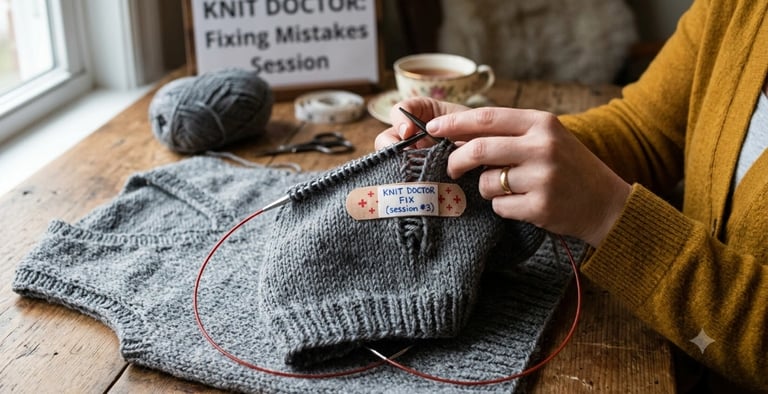 Close up of a woman knitting seated at a wooden table. Her knitting is held together with a bandaid.
