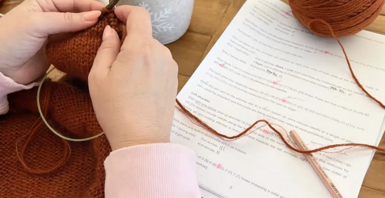 Knitting student following a pattern and knitting with rust coloured yarn on a wooden table