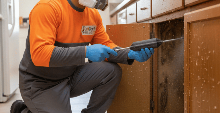 Professional pest control technician wearing a respirator mask treating kitchen cabinets for insects.