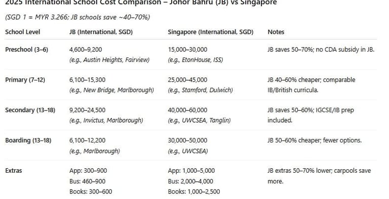 2025 school cost comparison: Johor Bahru international schools 40–70% cheaper than Singapore across all levels