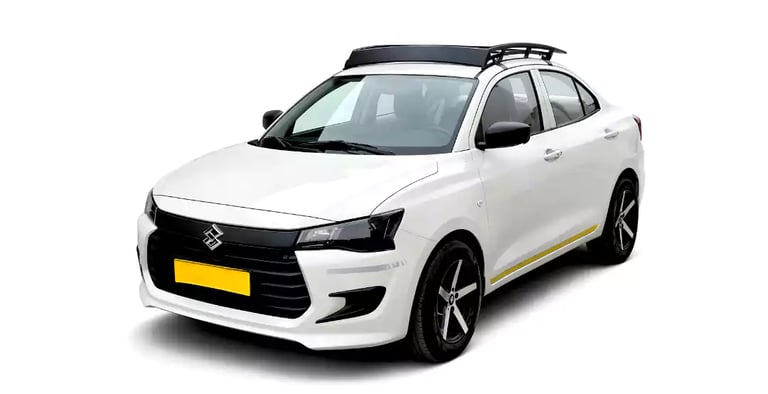 White Maruti Dzire one way taxi by Saini taxi services with a luggage carrier rack