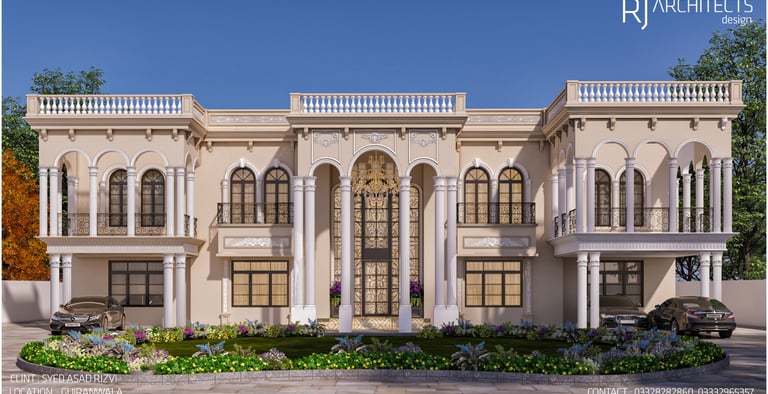 Neoclassical mansion 3D rendering with grand entrance and arched windows
