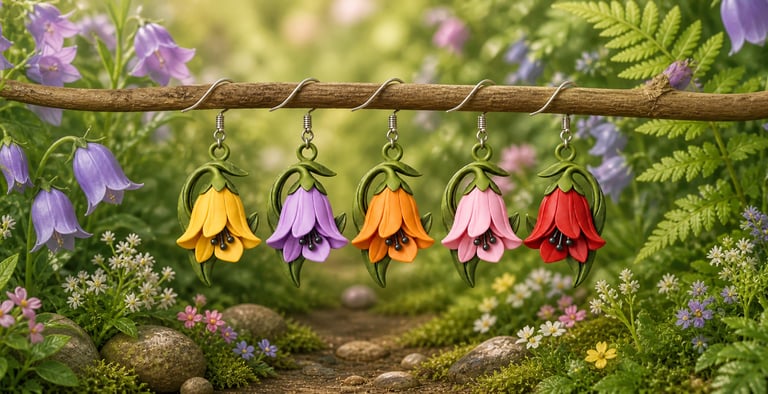 A collection of colorful 3D printed bellflower earrings sustainable and unique Finnish jewelry.