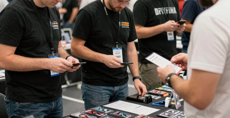A bustling event hall with tables full of soccer cards and collectibles, surrounded by excited collectors and dealers.
