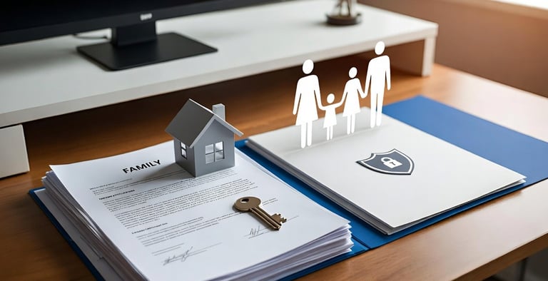 Documentos de familia, casa y personas que representan la familia