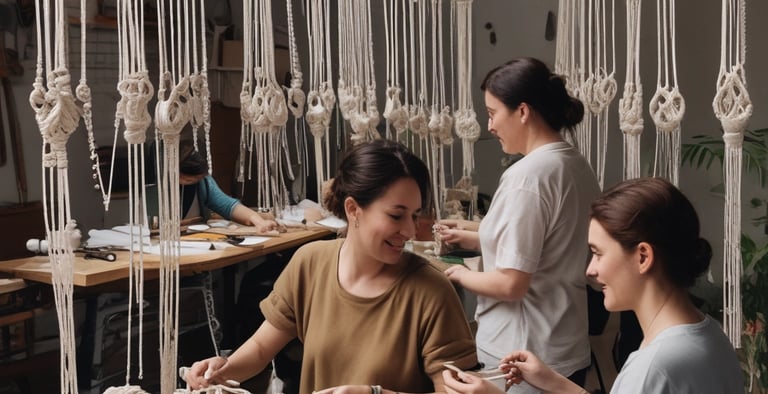 Artisan carefully knotting intricate macramé patterns with natural stones in a sunlit studio.