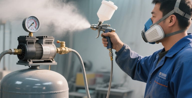Worker uses spray gun with air compressor tank, powered by wemano.