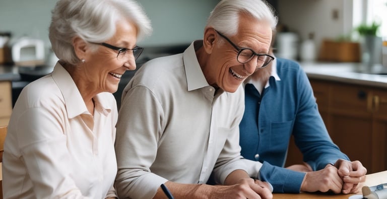 A friendly real estate consultant discussing plans with a homeowner in a cozy living room.