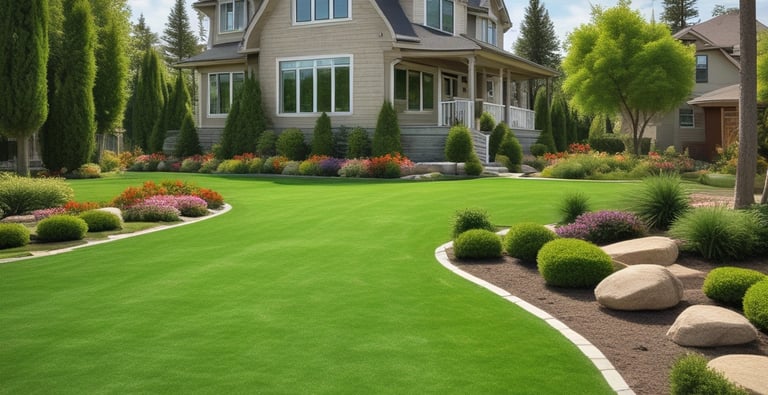 a lawn with a lawn and a house in the background
