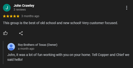 Roy Brothers of Texas Google Review